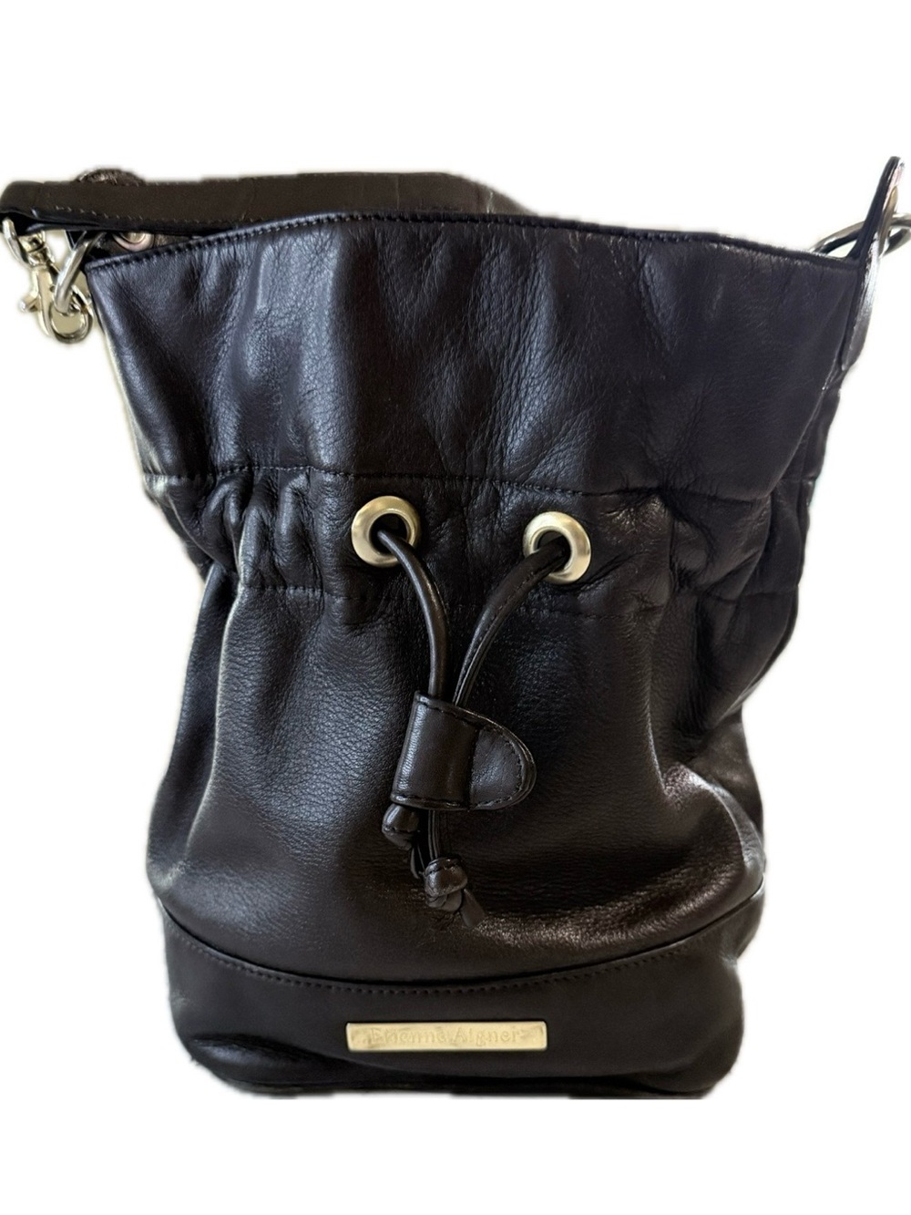 Etienne Aigner Brown Leather Bucket Drawstring Handbag